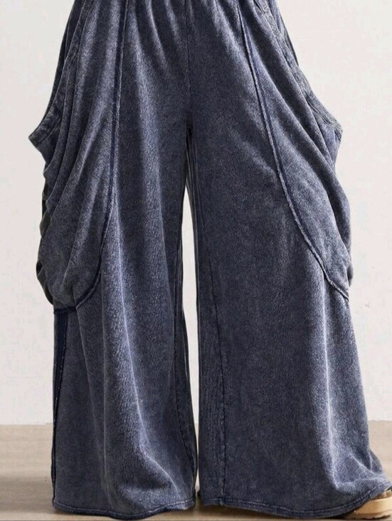 LKL Pants - Draped Wide-Leg Boho Pants in Washed Plested Blue  Elastic Plus Size XL Casual